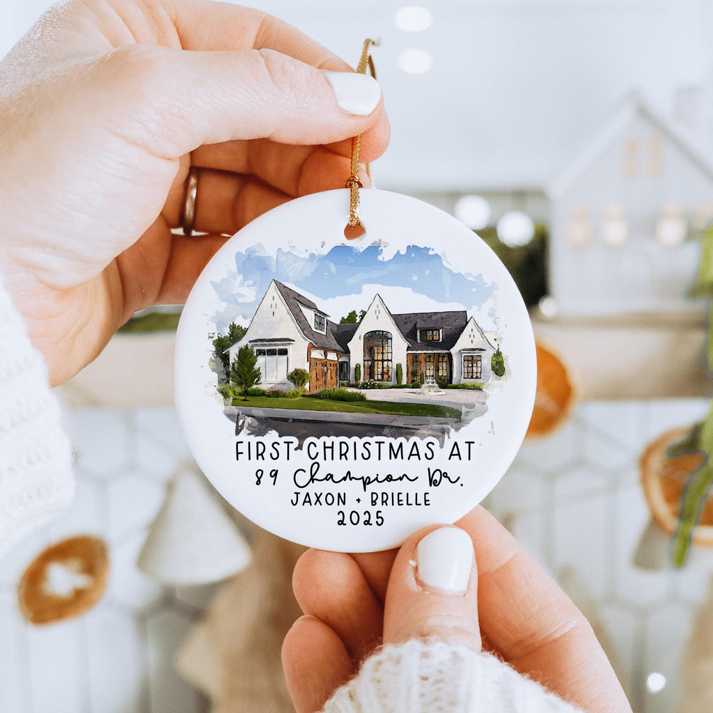 Personalized watercolor home portrait ornament, realtor closing gift