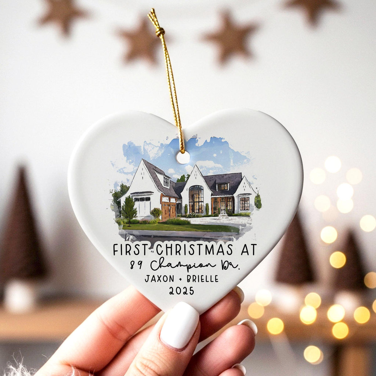 Personalized watercolor home portrait ornament, realtor closing gift