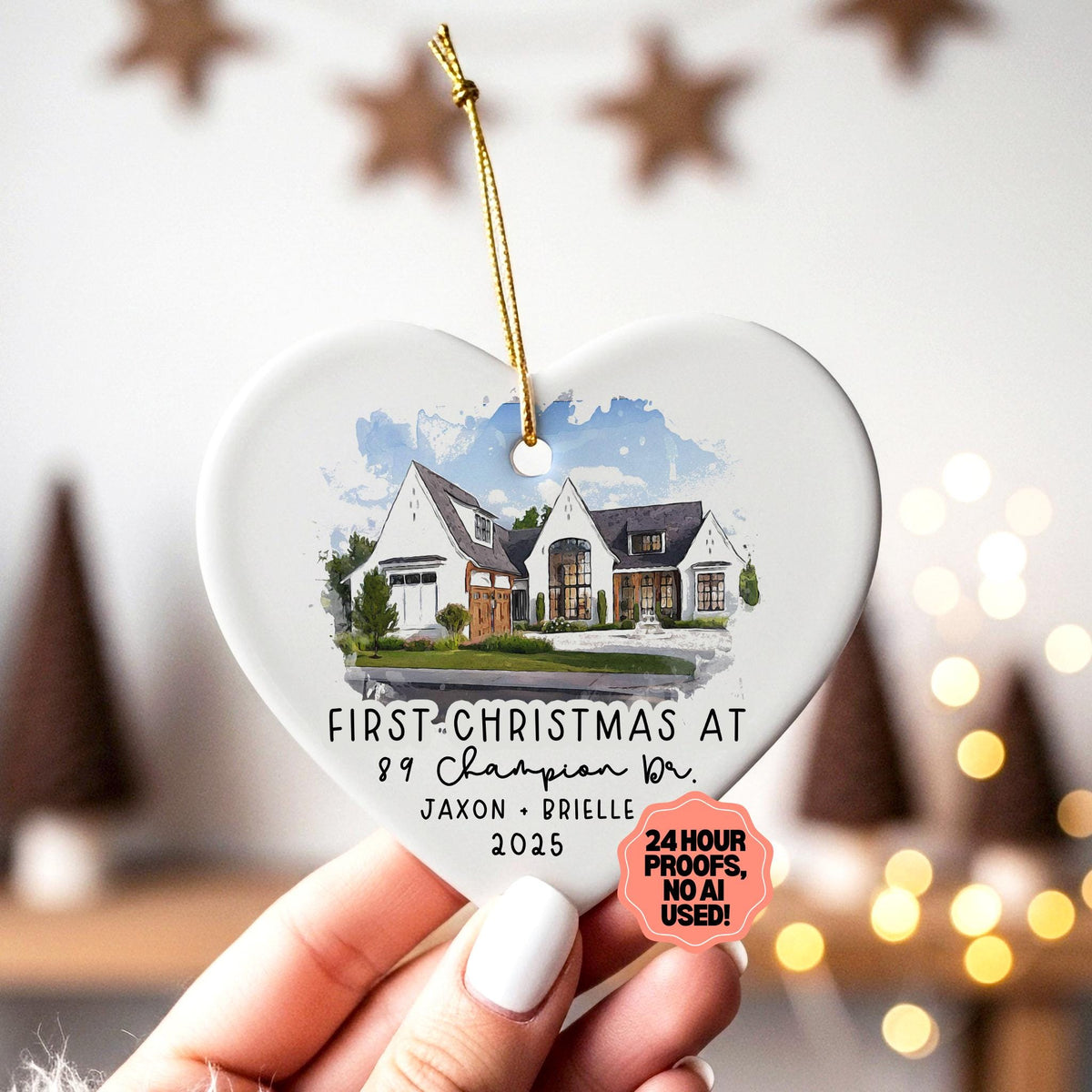 Personalized watercolor home portrait ornament, realtor closing gift